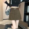 Falda Plisada de Trabajo Color Caqui para Mujer, Verano Cintura Alta Adelgazante Estilo Dulce y Picante, Falda Corta Hinchada Anti-Exposición Petite
