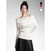 Suéter de Punto Francés con Cuello de Volantes de un Hombro para Mujer, Hombros Descubiertos, Ajustado, Capa Base Otoño/Invierno, Sensación de Alta Gama