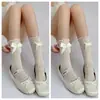 Meias Lolita Japonesas com Laço de Renda de Comprimento Médio para Mulheres, Meias Finas de Verão para Panturrilha Estilo JK, Meias Felpudas