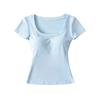 RY2549-25 primavera novo estilo europeu e americano garota gostosa desejo puro decote U almofada de peito bottoming manga curta slim fit camiseta curta