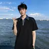 Camisa Polo Retro Japonesa de Verano para Hombre, Peso Pesado de Corte Holgado con Cremallera y Cuello Camisero, Camiseta de Manga Corta de Moda