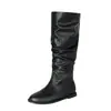 Botas pretas plissadas empilhadas para outono e inverno, botas altas retas versáteis de sola reta, botas longas casuais femininas que afinam, acima do joelho