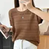 Camiseta de tricô de algodão puro listrada retrô de verão nova, manga curta, fina, gola redonda, solta, respirável, top vazado para mulheres