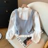 Chaleco de Punto sin Mangas Camisa con Solapa y Lazo de Encaje Traje de Dos Piezas para Mujer Top Corto