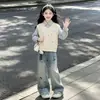 Conjunto de Otoño para Niñas 2026 Nuevo Conjunto de Dos Piezas Falsas para Niños Camisa de Manga Larga Pantalones de Mezclilla Conjunto de Dos Piezas Ropa de Otoño