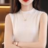 Suéter de Lã Pura Fina Sem Mangas Tricotado 2024 Primavera e Verão Novo Colete de Gola Meia-Alta Camisa Base para Mulheres Anti-Exposição