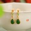 Yuebao Jewelry S925 Prata Esterlina Banhado A Ouro Hetian Jade Jasper Novo Chinês Vintage Folha De Bambu Brincos De Gota De Água