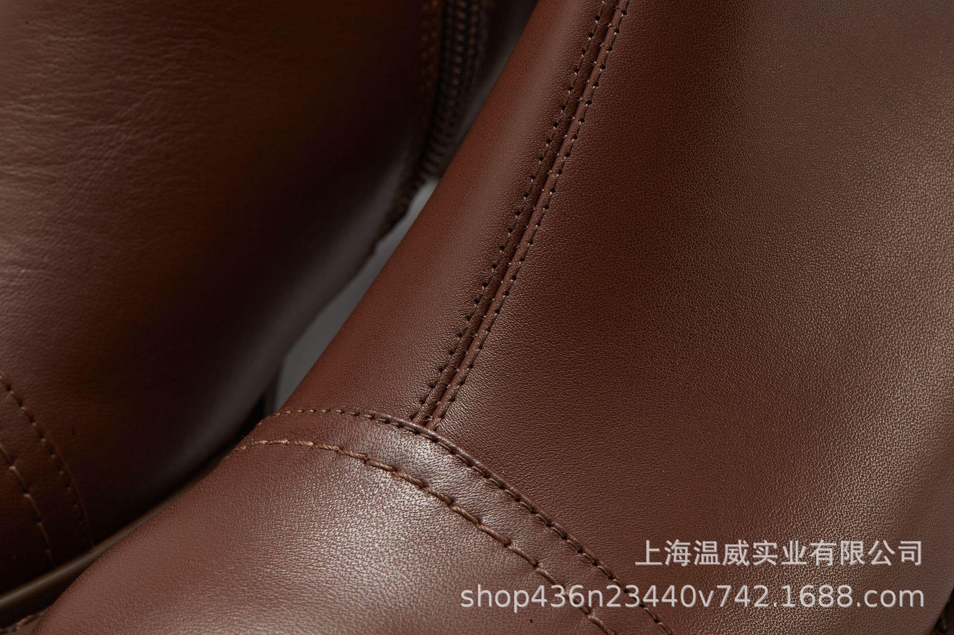 秋冬新款马v口头层小牛皮方尖头粗跟女靴套筒骑士靴女