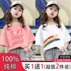 Camiseta de algodón puro de manga corta para niña 2026 moda de verano elegante con estampado, cuello redondo, top holgado y cómodo de media manga para niñas pequeñas