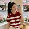Camiseta Listrada Color-Blocking Estilo Coreano com Laço, Manga Curta, Casual Universitário para Mulheres, Nova de Verão Slim-Fit Versátil em Tricô Polo