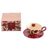 Taza de Café y Platillo de Cerámica Roja Rosa Retro Francés, Juego en Caja de Color, Taza para Latte de Té de la Tarde, Taza y Platillo de Cerámica Floral
