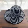 Chapéu de Sol Feminino Verão Chapéu de Sol Fresco Chapéu Dobrável Listrado Vintage Aba Larga Preto e Branco Chapéu de Sol Elegante