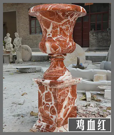 鸡血红石雕花盆