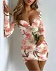 Vestido Estampado Bodycon Ajustado Sexy de Manga Larga con Cuello Cuadrado para Mujer, Otoño 2022, para Vacaciones en la Playa