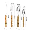 Talheres de Aço Inoxidável com Cabo de Bambu Natural 304 Colher Garfo de Sobremesa Salada Cabo com Junta de Bambu Conjunto de Talheres Faca de Bife Ocidental