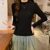 Camiseta de Manga Longa com Gola Alta Meia-Calça Camada Base Feminina Primavera, Outono e Inverno 2025 Nova Slim Fit Quente Top com Forro Interno de Lã