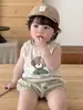 Conjunto de Dos Piezas de Verano Estilo Coreano para Niños, Chaleco de Moda con Estampado de Dibujos Animados y Pantalones Cortos a Cuadros, Ropa de Exterior para Niños