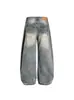 Jeans Lavados Vintage con Dobladillo Curvo y Bigotes Plisados, Pantalones Casuales Amplios de Pierna Ancha Estilo Americano con Desgastes Naturales, de Largo Hasta el Suelo