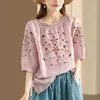 Verão Novo Estilo Solto Casual Fino Gola Redonda Blusa Feminina Bordado Artístico Algodão Linho Manga Curta Camisa Feminina