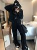 Conjunto de Tricô Cardigan com Capuz Solto + Calça Wide Leg para Mulheres Primavera e Outono Novo Estilo Estilo Preguiçoso Casual Conjunto de Duas Peças