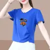 2026 Nueva Camiseta de Manga Corta con Cuello en V Estilo Comercio Exterior para Mujer, Holgada Talla Grande, Adelgazante, Cubre Vientre Top de Media Manga