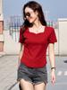 Camiseta feminina casual de verão, gola quadrada, manga curta, clavícula, estampa de algodão, camiseta básica feminina