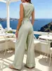 Mono de Raya Europeo y Americano Transfronterizo para Mujer, Verano sin Mangas Cuello en V Abotonado con Lazo Pierna Ancha Cintura Alta Pantalón Largo, Estilo Vacacional