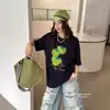 Camiseta de Manga Corta de Algodón Puro Estampada Estilo Americano para Mujer, Nuevo Estilo Verano 2026, Cuello Redondo Oversize, Top Holgado y Adelgazante