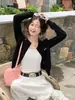 Cardigan Adelgazante Nuevo Estilo Tejido, Versátil de Moda Corto Cuello Redondo Manga Larga Cuello Semi Alto Suave