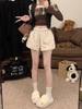Pantalones Casuales de Lana de Cordero de Cintura Alta Color Albaricoque Shorts de Invierno Ropa de Abrigo para Mujer Pantalones Gruesos Cálidos de Felpa con Pierna Ancha Forma A