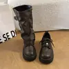 Sapatos de couro estilosos de uso duplo, botas de motociclista com sola grossa, versão coreana para outono e inverno com fivela de cinto removível, botas de montaria Mary Jane com salto grosso