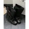 Sandálias Pretas Vazadas para Mulheres com Solas Grossas, Tiras Cruzadas, Uso Duplo Destacável, Rebites Vintage, Laço, Botas Curtas Estilo Ballet