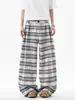 Calça Casual Xadrez Dobrada Homem Verão High Street Design Solto Perna Larga Longa Calça Retro Comprimento Total Perna Curva