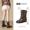 Botas Curtas de Salto Grosso Femininas Augushiden 2026 Novas Botas Western Cowboy Maillard de Outono com Design de Cano Franzido