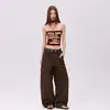 Calça Cargo Casual Laranja # Marrom Infantil Desconstruída de Perna Larga para Mulheres, Caimento Solto, Emagrecimento, Fashion, Tendência, Versátil.