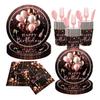 Transfronteiriço Novo Fundo Preto Ouro Rosa Tema Feliz Aniversário Festa Decoração do Local Rosa Copo de Papel Guardanapo Prato de Papel
