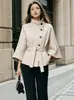 Ropa de mujer transfronteriza europea y americana 2026: cuello mao, cierre de botones diagonal, mangas acampanadas, cintura con cinturón y elegante abrigo de lana para ir al trabajo