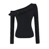Top de Malha Ruffle de Um Ombro Manga Longa Estilo Herdeira Doce para Mulheres Início da Primavera Ombro a Ombro Ombro Inclinado Camada Base Suéter Top