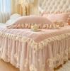 Falda de Cama Princesa de Invierno Pieza Única Coral Leche Felpa Cubre Cama Sábana Algodón Engrosado Cubre Cama Delantal de Cama con Falda