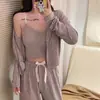 Pijama Francês Feminino Três Peças Alça Longa Algodão Lixado Outono e Inverno Cinza Puro Desejo Sexy Doce Roupas de Casa