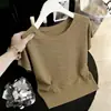 Camiseta Retrô de Tricô de Seda Gelada Texturizada com Gola Redonda e Manga Curta para Mulheres, Top Soltinho Afinando com Manga Flare para Primavera/Verão 2026