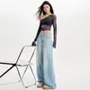 Jeans de Pierna Ancha Azul Claro de Cintura Alta para Mujer, Nuevo Estilo Primavera 2026, Corte Holgado, Pierna Recta Adelgazante, Pantalones Largos al Suelo para Mujer Petite