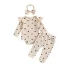 Comércio Exterior meninas primavera e outono novo conjunto amor estampado waffle manga longa macacão + calça + faixa de cabelo conjunto de três peças