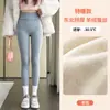 Calça de Algodão Canelado com Etiqueta de Couro para Mulheres, Leggings Térmicas Forradas com Fleece para Outono e Inverno, Espessas, Foscas, Lã de Cordeiro, Cintura Alta, Emagrecedoras, Amigáveis à Pele