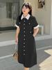Vestido Color Block com Lapela Feminino Inno Plus Size, Novo Design de Verão, Vestido de Comprimento Médio com Ajuste na Cintura 142099