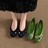 Em Estoque~~Sapatos Femininos Rasos Redondos Estilo Francês para Primavera e Outono, Sapatos Baixos Versáteis e Confortáveis com Strass e Pedras Preciosas, Sapatos de Veludo para Vovó