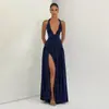 Vestido largo de verano nuevo elegante para mujer europea y americana, color liso, sin mangas, cuello en V, cuello halter, tirante drapeado, con abertura
