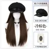 Boina de Otoño e Invierno Peluca Integrada Cabello Largo Rizado Simulación Natural Versátil Adelgazante de Rostro Elegante Sombrero Peluca Integrado