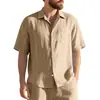 Camisa de Lino Jacquard con Rayas Verticales de Verano, Independiente Transfronteriza, Cuello Camisero, Abotonada, Holgada, Transpirable, Casual para Hombre de Manga Corta
