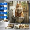 Interesante Cortina de Ducha para Gatos Juego de Cuatro Piezas con Estampado de Dibujos Animados de Gatos Leyendo el Periódico, Decoración de Baño, Separador de Bañera, Hecho a Medida